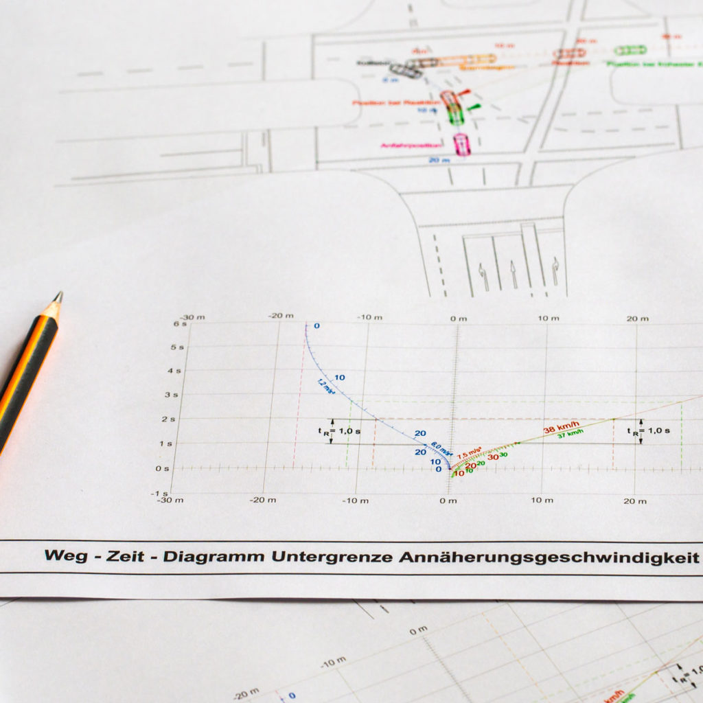 Fotografie eines auf Papier gedruckten Weg-Zeit-Diagramms inklusive einer maßstäblichen Darstellung der Unfallörtlichkeit für die Kollisionsanalyse