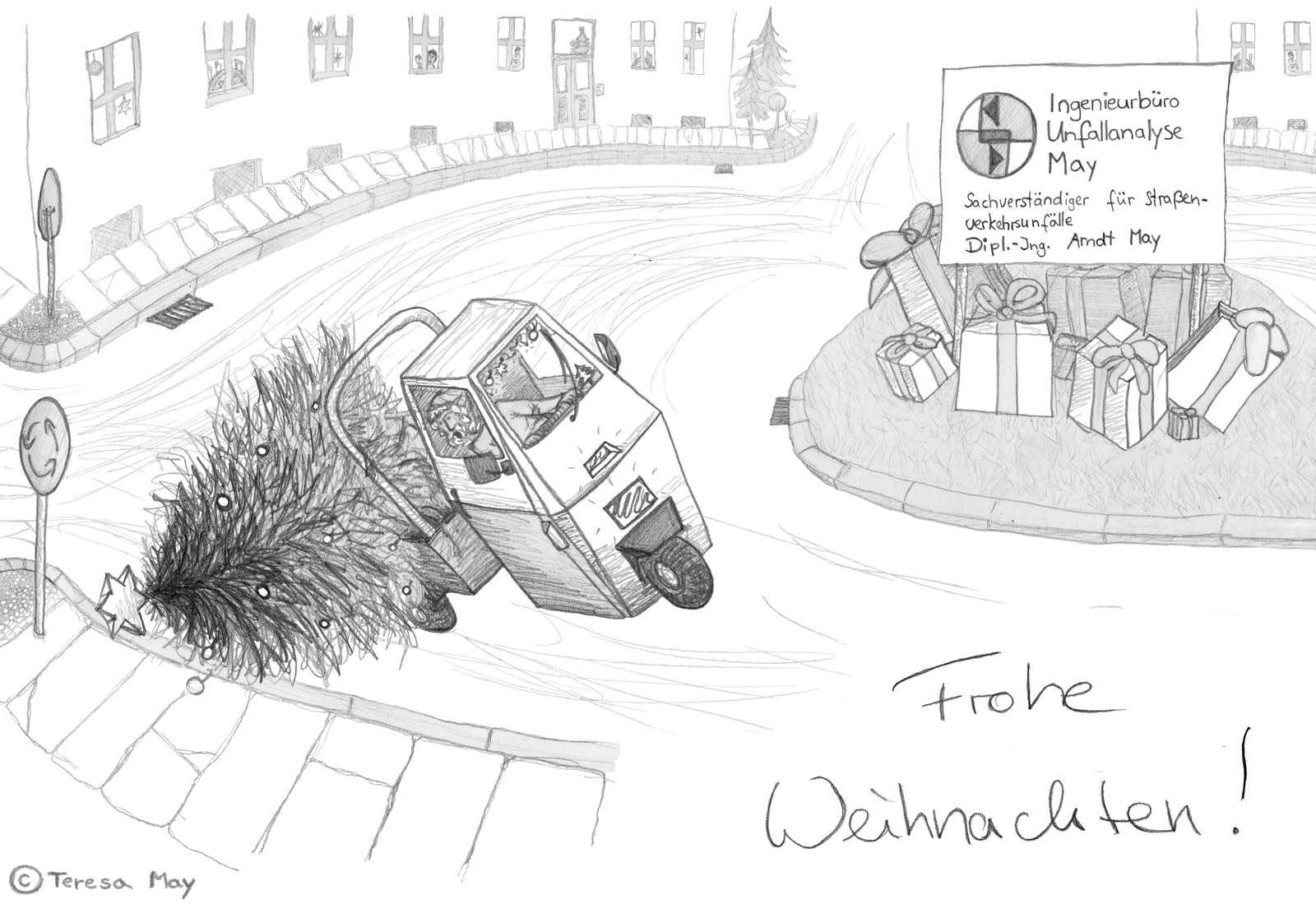 Weihnachtsmann fährt mit Dreirad zu schnell durch einen Kreisverkehr und kippt mit geladenen Weihnachtsbaum auf zwei Räder